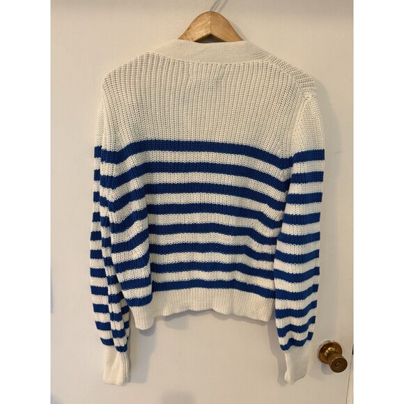 Eleven Six Women’s M/L Cardigan Sweater White With Blue Stripes Button Up Top - Picture 5 of 7